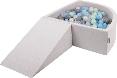 Produktbild von KiddyMoon spielplatz aus schaumstoff mit viertel eckig bällebad (200 bälle) hindernisläufe, hellgrau:perle/grau/transparent/babyblue/minze