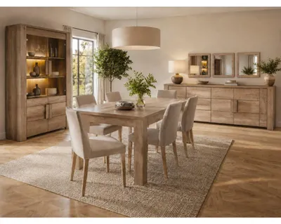 Image de Salle à manger FARRA avec buffet, vitrine LED, table et 3 miroirs – Chêne