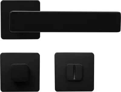A set of black door hardware components, including a door handle and two escutcheons, displayed against a white background.