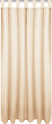 A plain beige curtain hanging from a rod.