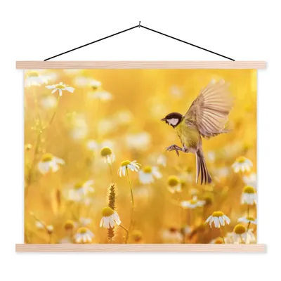 Produktbild von MuchoWow® Textilposter Vogel - Kohlmeise - Blumen - Gänseblümchen 120x90 cm mit holzfarbenen Rahmen - Magnetisch