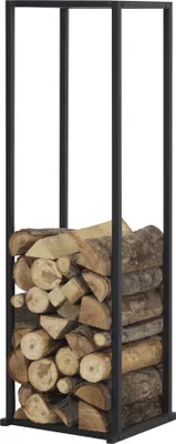 A black metal firewood rack filled with logs.