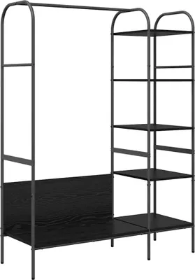A product shot of a clothing rack with shelves.