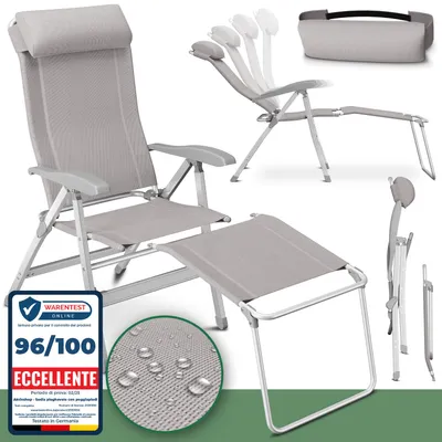 Immagine prodotto di Sedia da campeggio pieghevole ELONEO con poggiagambe estraibile, sedia pieghevole in alluminio, sedia da giardino pieghevole, sedia a sdraio con schienale regolabile, sedia da campeggio color tortora