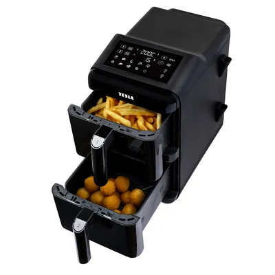 Obrázok produktu pre Tesla Aircook Dualzone Q680 XXL - multifunkčné dvojité horúce fritéza, objem 11 litrov, 4 zóny, 9 programov, sušenia, funkcia trasenia, čierna