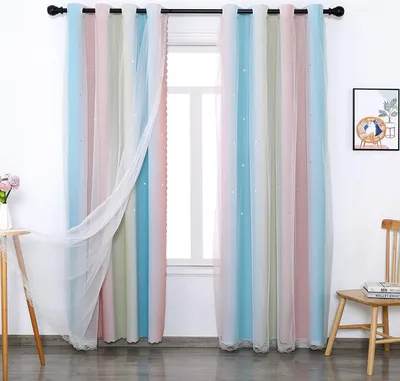 Image de Topchances 2 pièces rideau chambre enfant rideau avec oeillets - H 160 x L 132 cm rideau étoile avec voile rideau chambre enfant fille rideau oeillet,arc en ciel