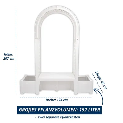 Produktbild von KHW Gartenbank "Brüssel" mit Pflanzkästen und Rosenbogen aus Kunststoff.  Maße 174x49xH207 cm; Farbe: Weiß.