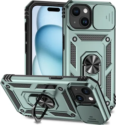 Image de Étui pour iPhone 15 étui double couche avec couvercle coulissant pour l'appareil photo et support annulaire vert