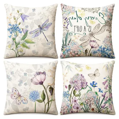 Produktbild von 4er Set Blumen Kissenbezug 40x40 | Leinen Dekokissen mit Blumen & Schmetterlingen | Zierkissen für Sofa & Wohnzimmer | Frühlings Kissenhüllen 40x40cm Zierkissen
