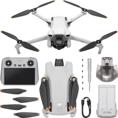A flat lay of a DJI Mini 3 drone and its accessories, including a remote controller, extra propellers, a battery, and a charging cable.
