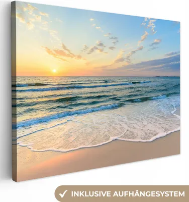 Produktbild von MuchoWow® - Leinwandbilder - Strand - Meer - Sonnenuntergang - Golf, Wandbild, Wanddeko Bilder Wohnzimmer, 120x90cm