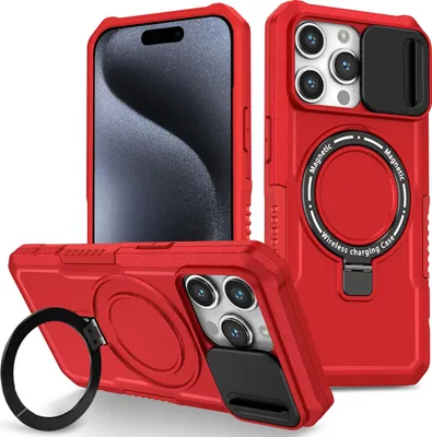 Produktbild von Handyhülle für iPhone 15 Pro Kompatibel mit MagSafe, Robuste Hülle mit Schiebe Kamera Schutz, Magnetischer Ringständer Rot