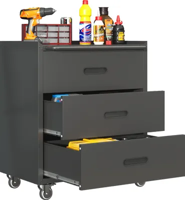Produktbild von Hochwertiger, rollbarer Metall-Werkzeugschrank – 3-Schubladen-Tool-Cabinet, 75 × 42 × 88 cm, Schwarz/Grau, für Garage, Büro und Haushalt