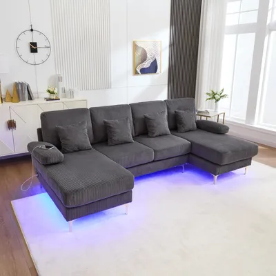 Produktbild von Modernes U-Sofa mit LED Ambientebeleuchtung & der USB-C-Port Massivholzrahmen, 4  Kissen & ergonomische Premium Rückenlehne für maximalen Komfort,  grau