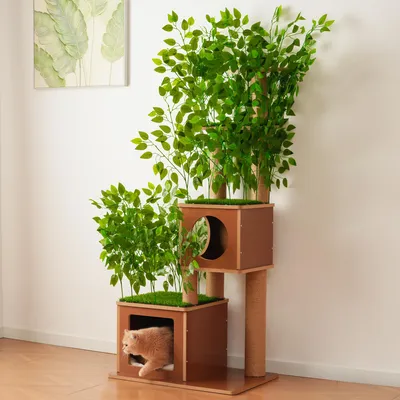 Productafbeelding van Kratzboom Baumdesign, 175 cm, met afneembare bladeren, 2 verborgen ruimtes, 2 plateaus, sisal, zacht kussen (groen)