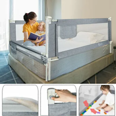 Image de NAIZY 200 cm Barrière de lit pour bébé Réglable en hauteur Barrière de lit pour enfant avec double verrouillage Protection et sangle fixe Barrière de lit portable