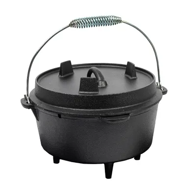 Produktbild von Kochmann Dutch Oven BBQ – 4,5 Liter Gusseisen Feuertopf - Schmortopf mit Thermometer-Schlitz - für Outdoor & Indoor Grill, Lagerfeuer & Küche - KEG01