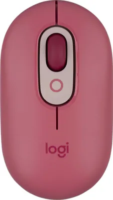 A top-down view of a pink Logitech POP mouse.