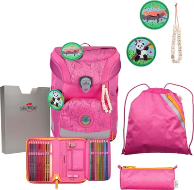 A collection of school supplies including a backpack, pencil cases, and accessories, arranged on a white background.