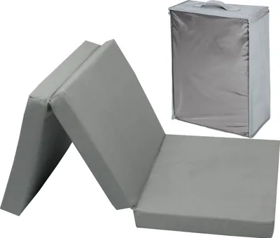A folded gray mattress and its storage bag are shown against a white background.