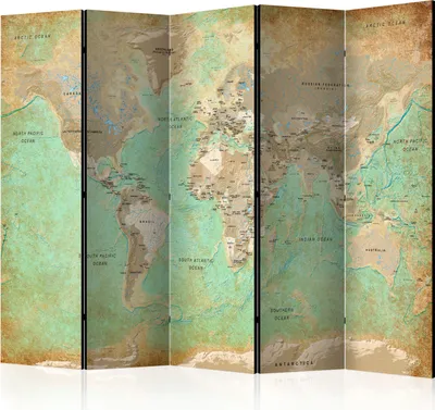 Produktbild von 5-teiliger Doppelseitiger Vlies Paravent - Turquoise World Map 225x172 cm k-A-0105-z-c