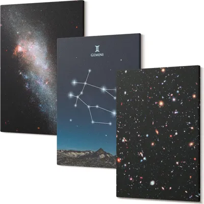 Produktbild von Wandbild – Leinwandbild – Leinwandbilder – Polycanvas – Kunstdruck – Modern – Panorama – Mehrteilig – 3-Teilig Set – Hochwertig – Lichtecht – Geruchslos – 20x30 Cm Je Element - Zwillinge Sternzeichen Galaxie Weltraum Sterne