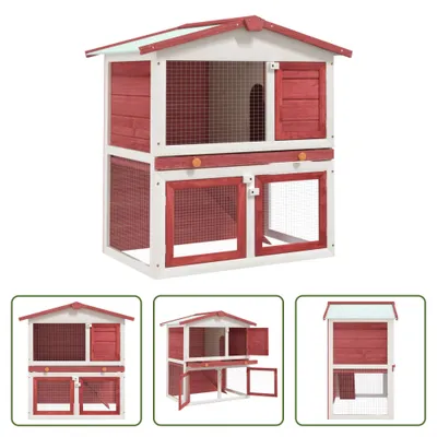 Image de The Living Store clapier à lapins 3 portes rouge bois
