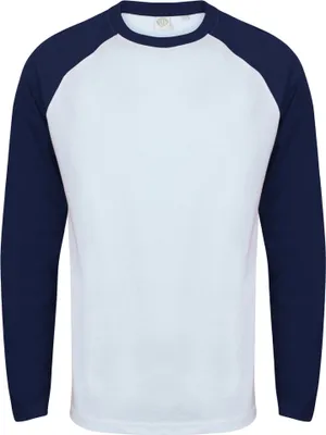 Produktbild von Skinnifit Herren Raglan Baseball T-Shirt, langärmlig RW4742 (L) (Weiß/Oxford Blau)