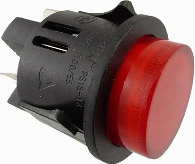 Close-up of a red illuminated push-button switch.