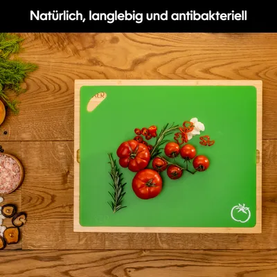 Produktbild von Axer Bambus Schneidebrett-Set Groß - Mit 4 Flexiblen Kunststoff-Schneidematten - 4 Farbcodierter Matten mit Lebensmittel Symbolen - Spülmaschinenfest