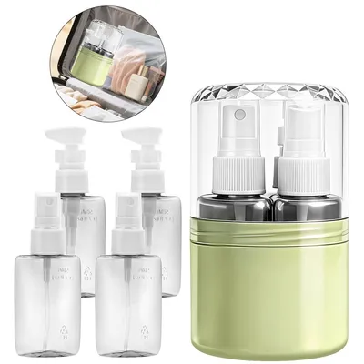 Produktbild von 4-in-1 Reise-Dispenser-Set 50 ml, nachfüllbare Druckflaschen für Flugreisen, mit Etiketten, auslaufsicher, wasserdicht,für Shampoo, Lotion und Creme