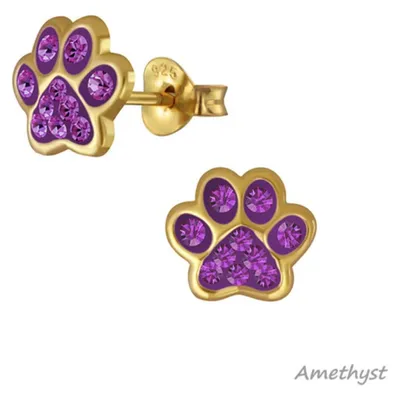 Produktbild von Ohrringe Silber 925 Ohrstecker „Pfote / Pfötchen“ gold Amethyst