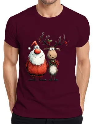 Produktbild von Lustiger Weihnachtsmann und Rentier Cartoon Weihnachten Geschenk Herren T-Shirt, Burgundy, 3XL