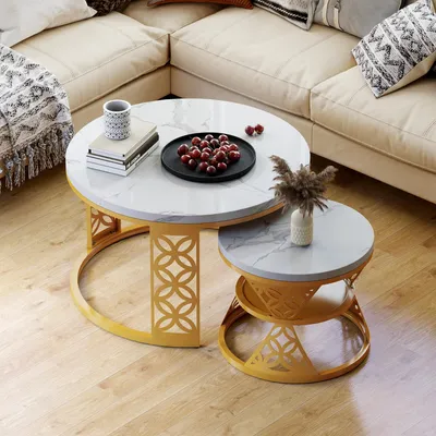 Produktbild von STILVORA Couchtisch Set 2-teilig, rund, Weiß Marmoroptik, Wohnzimmertisch mit goldenen Metallbeinen, moderner Beistelltisch, Weiß/Gold