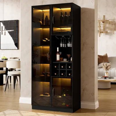 Immagine prodotto di Vetrina illuminata a LED, controllabile tramite app, mobiletto con ante in vetro, ripiano per vino e spazio contenitivo, mobile per il soggiorno, dimensioni 60x36x160 cm, colore nero