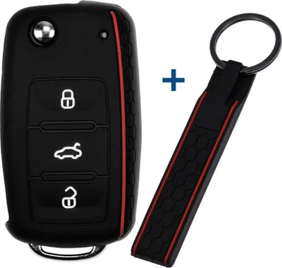 Produktbild von Auto Schlüssel Silikon Schutz Hülle + Schlüsselband im Wabe Design Schwarz kompatibel mit VW SEAT Skoda Golf 6 Octavia UP Leon 3 Tasten Klappschlüssel