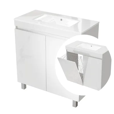 Produktbild von Badezimmerschrank RIBERA mit Keramik Waschbecken und Wäschekorb Weiß Hochglanz MDF Acryl, feuchtigkeit und kratzfest stehend oder hängend