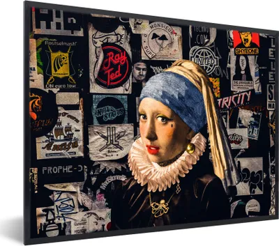 Produktbild von MuchoWow® Gerahmtes Poster Das Mädchen mit dem Perlenohrring - Tätowierung - Vermeer 80x60 cm - Poster mit Schwarzem Bilderrahmen Wandposter Rahmen Foto Bilder - Schwarzem - Mit Gestell