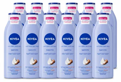 Produktbild von 12 x NIVEA Smooth Body Milk mit Sheabutter für trockene Haut 250 ml - Vorteilspackung - 12 Stücke