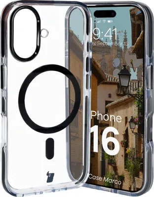 Produktbild von Bizon Case Marco Magnetische Ringhülle für iPhone 16, Transparent mit schwarzem Rahmen