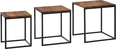 Produktbild von Satztisch 3er Set Sheesham Massivholz / Metall Beistelltisch Eckig Modern, Design Couchtisch 3-teilig, Wohnzimmertisch Platzsparend, Holztisch Kaffeetisch Wohnzimmer