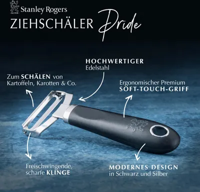 Produktbild von Stanley Rogers Ziehschäler 15,5 cm, Küchenhelfer mit ergonomischen Premium-Softtouch-Griff, Schäler mit extra scharfer Klinge aus Edelstahl (Farbe: Silber/Schwarz)