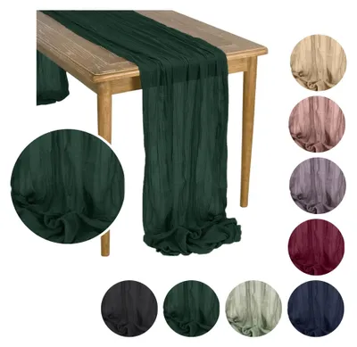 Produktbild von MEBLE ODNOWA Tischläufer, BOHO-Tischläufer aus Gaze, Gaze Tischdeko Dunkelgrün 90 × 300 cm, Elegant, Gazestoff, Weicher Stoff, Boho Tischdeko