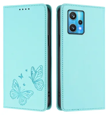 Produktbild von Lederhülle für Realme 9 4G/Realme 9 Pro+ 5G, Schmetterling Prägung Leder Brieftasche Schutzhülle mit Ständer Türkis