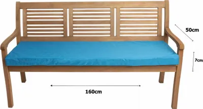 A wooden garden bench with a blue cushion, with dimensions indicated by measurement lines and text.