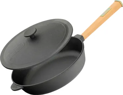 A cast iron frying pan with a wooden handle and a lid, shown from a diagonal angle against a white background.