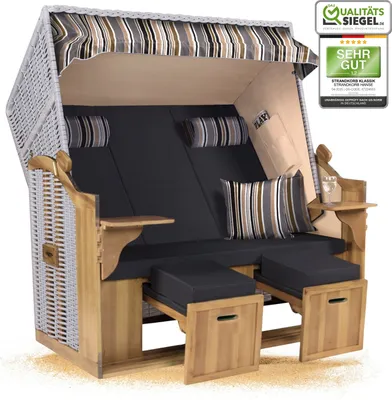 Produktbild von Strandkorb Ostsee 2,5-Sitzer 150cm breit in Beige Oliv Grau Weiß Gestreift Zerlegt ideal für Balkon, Terrasse oder Garten