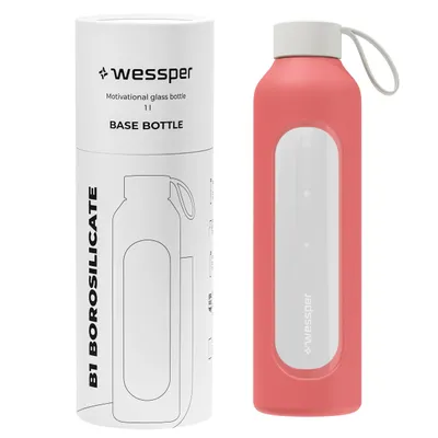 Image de Bouteille en verre Wessper avec housse en silicone – 1 L – avec repères horaires – rouge corail