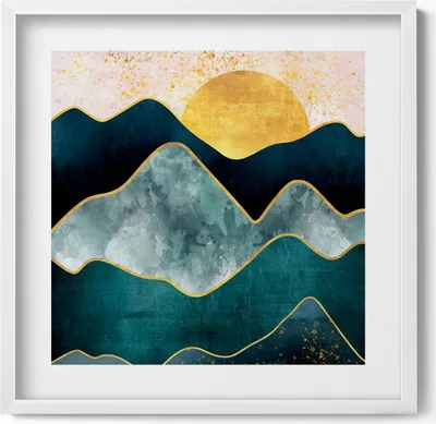 Produktbild von Abstrakte Landschaft mit Bergen und goldenem Sonnenschein– Wandbild mit Rahmen – Gerahmtes Bild  – Wanddekoration – 50x50 cm –  Weiß Rahmen
