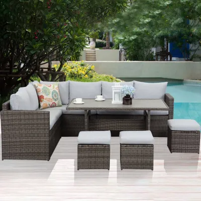 Produktbild von MeXo Gartenmöbel Set Polyrattan Essgruppe 7 Teile Lounge Sofa für 6-9 Personen mit Hocker, wetterfest Balkonset Sitzmöbel-Set Indoor Outdoor grau